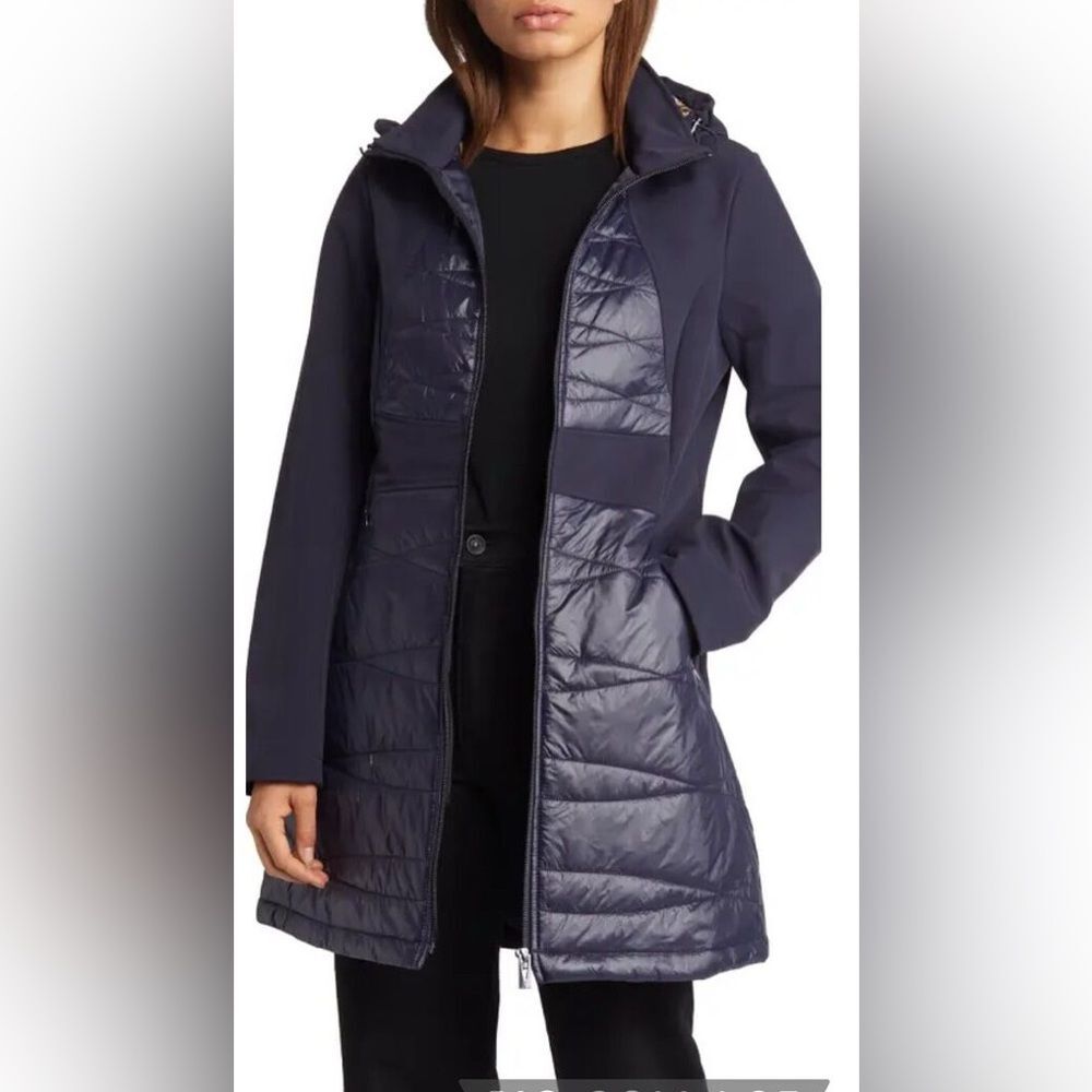 Via Spiga Elliptical Quilted Softshell Jacket Navy L Leopard Lining Size XS NWT - Picture 1 of 11